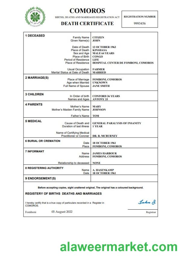Comoros vital record death certificate Word and PDF template